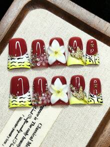 10pcs/Set Handmade Wearable Nail Art, Press-On Nails, French Manicure Style, Shiny Leopard Print, 3D Flowers, Polka Dots, Butterflies, Gift Set With Reusable Accessories Handmade Press On Nails - Multicolor - View 4