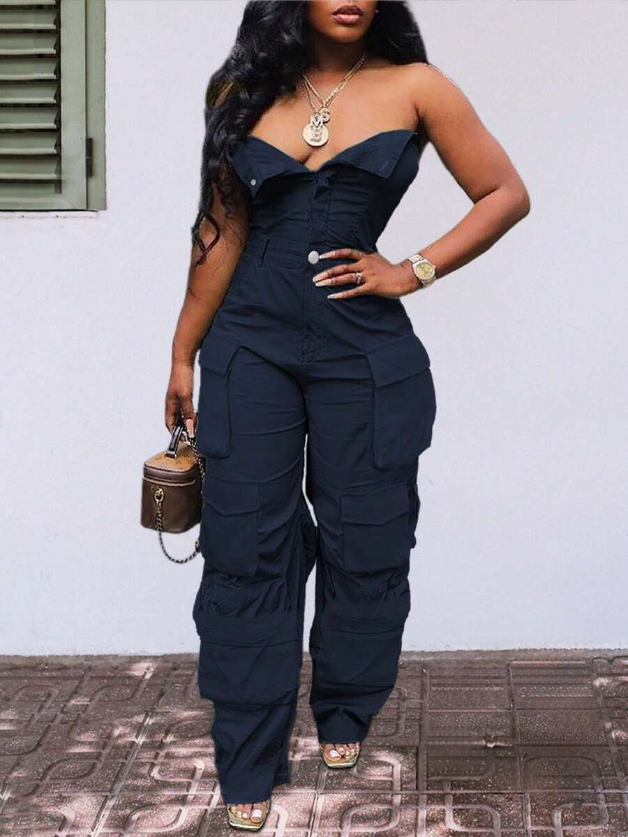 Sweet And Cool Fashion Women's Y2K Style Workwear Jumpsuit, Denim Jumpsuit, Denim Workwear, Mid Waist Non Elastic, Waist Cinching And Hip Lifting, Loose And Slimming, Suitable For All Seasons, Paired With Multi Pocket Design,  And Cool, Suitable For Back To School Season, Hot Girls, Work, Outdoor Work, Outdoor Activities, Travel, Streets, Nightclubs, Parties, Fashion Shows - 藏蓝色 - 查看 1
