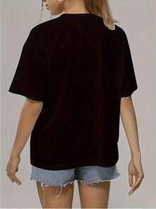 Camiseta de manga corta para damas con estampado de patrones, top de cuello redondo suelto y casual, se puede lavar aáquina para comodidad durante las cuatro estaciones. - Negro - Ver 3