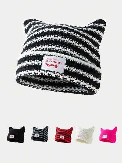 1 件拼色条纹猫耳帽，可爱百搭纯色针织帽，适合日常佩戴、骑行