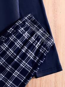 Boys' Fashion Air-Conditioned Room Loungewear Long Sleeve Top And Plaid Pants Set, Anti-Kick And Warm, "Hi" Print Shirt With Black & White Checkered Pants, Comfortable Fabric, Suitable For Spring, Autumn And Summer Wear - Royal Blue - View 6