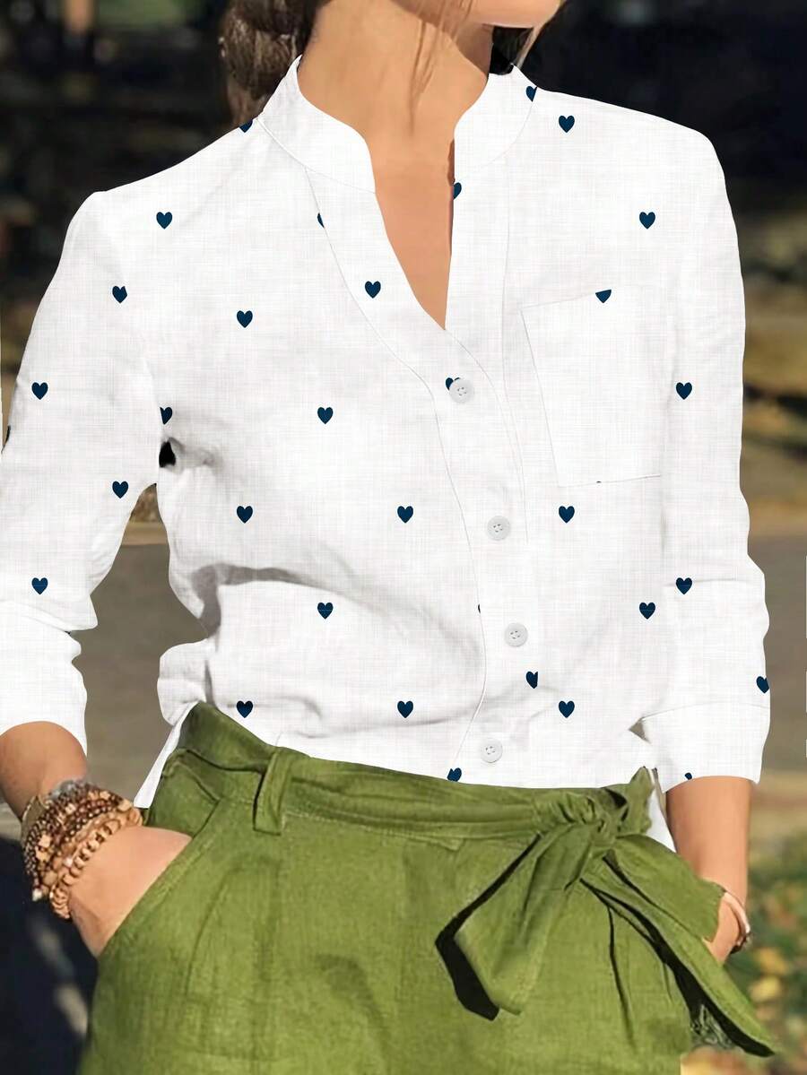 Camisa de mujer de manga larga con botones y bolsillo, con estampado romántico de corazones, para otoño e invierno - Blanco - Ver 1