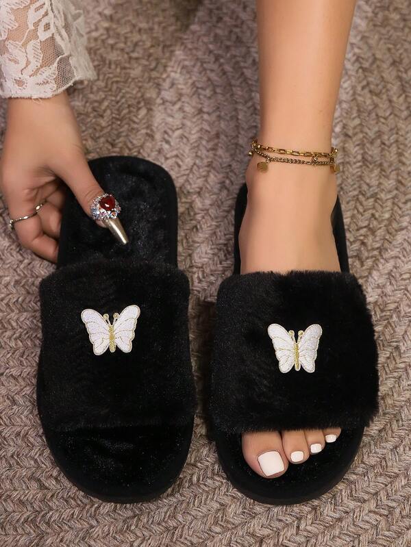 Women's Casual High-End Fashion Butterfly Embroidered Plush Slippers, Open Toe House Slippers, Soft & Comfortable Soft-Sole Lightweight, Suitable For Wedding Season, Halloween, Living Room And Bedroom, All Season