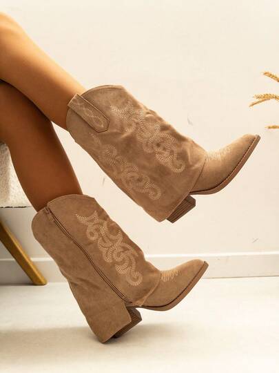 VIKIVIKI SHOES, High-Top Cowboy Boots Crafted From Suede With Embroidered Details. They Feature A Mid-Height, Wide Heel For Added Stability And A Sturdy Sole, Perfect For Everyday Wear. A Comfortable And Versatile Design, Perfect For Pairing With Skinny Jeans, Bohemian Dresses, Or Midi Skirts. Estimated Delivery: 1-3 Business Days (Mainland).