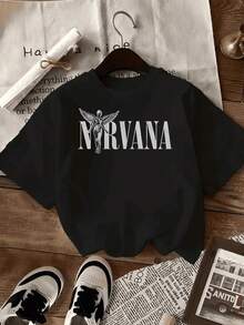 Camiseta playera T-shirt mujer cuello redondo manga corta estampado grafico musica banda NIRVANAa estilo rock  cuello redondo manga corta primavera verano uso diario - Negro - Ver 1