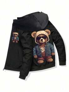 1pc Tween Boys Loose Casual Sports Versatile Bear Print Hoodie Sweatshirt Jacket, Autumn/Winter - Black - View 1