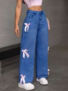 Women's Casual And Fashionable Loose Straight Leg Jeans, Paired With Bow Decorations, Charming And Beautiful, Suitable For All Seasons, Mid Waist Shooting, Suitable For Parties/Dances, Parties, Birthday Parties, Banquets, Nightclubs, Nightclubs, Music Festivals, Concerts - Màu xanh lam - Xem 3