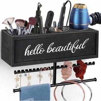 POJHK Rustic Hair Dryer Holder Wall MountedHair Styling Tools And Accessories Organizer Bathroom Supplies And Hot Tools Vanities Organizer Caddy For Storage Flat Iron Blow Dryer Curling Iron Towel