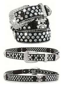 水钻腰带，骷髅设计，男女通用，高品质皮带 - 彩色 - 查看 21