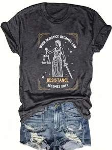 [ T Shirt] Black & Golden  T-Shirt |   Women's "When  Becomes Law Resistance Becomes Duty" Lady Justice Graphic Print, Casual Round Neck Tee, Medium Stretch Spring Summer Top, Affordable Women's Rights Apparel - 深灰色 - 查看 3