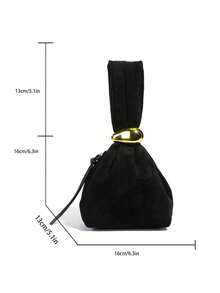 low tea 1pc Solid Color Suede Fabric Handbag For Women, Personalized Mini Cloud Pleated Bag With Metal Decor Zipper Closure, Suitable For Daily And Outing Use - Black - View 3