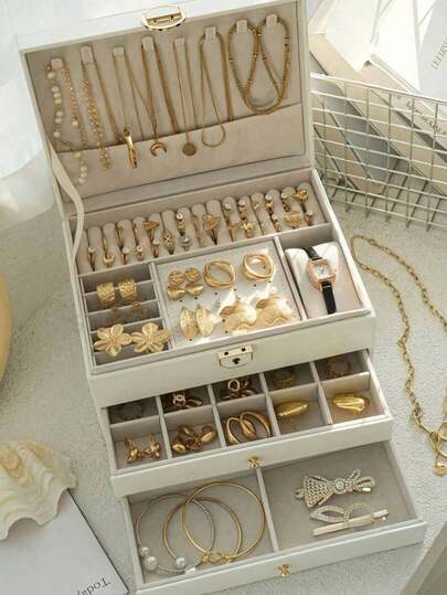 3-Layer Jewelry Box With Jewelry Storage Drawer, Large Jewelry Box And Storage Box, With Velvet Earring Storage Box, Jewelry Storage Box, Valentine's Day Gift