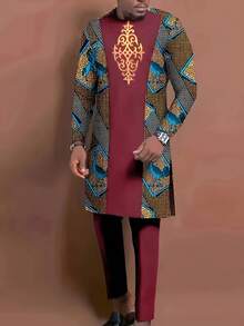 Men's Casual Long-Sleeved Two-Piece Suit, Mid-Length Top And Trousers - 酒紅色 - 查看 1