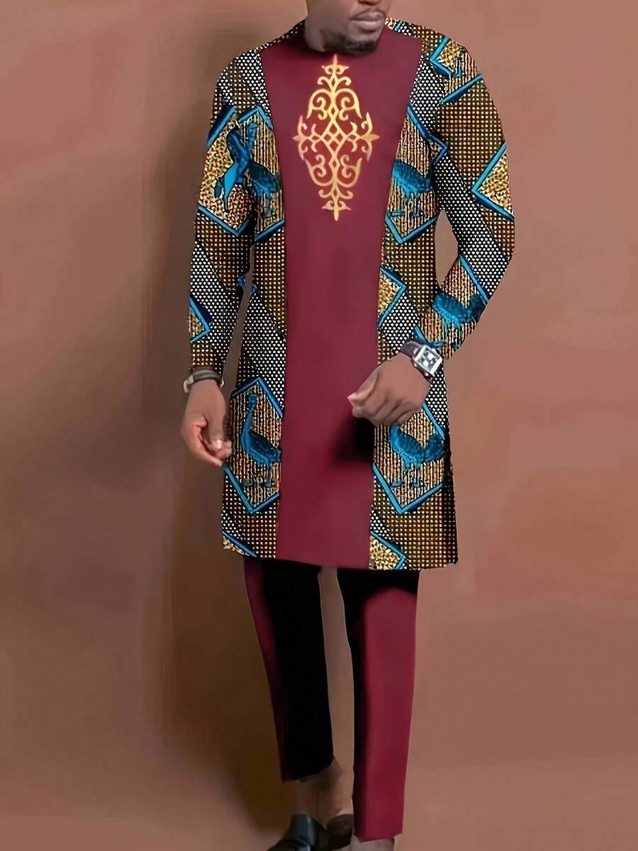 Men's Casual Long-Sleeved Two-Piece Suit, Mid-Length Top And Trousers - 酒紅色 - 查看 1