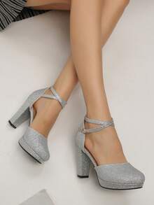 精选优质厚底高跟鞋，女士高跟鞋，舒适纯色亮面交叉绑带银色高跟鞋，配有踝带和搭扣，粗跟，优雅百搭，适合派对和宴会穿着，魅力十足。 - 銀色 - 查看 3