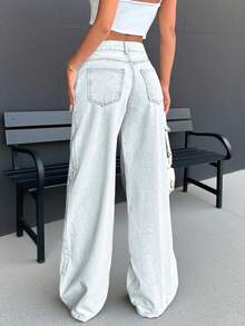 Women's Casual Light Wash Wide Leg Denim Jeans With Button And Zipper Details, Long Non-Stretch Straight Leg Style For Everyday Wear - White - View 2