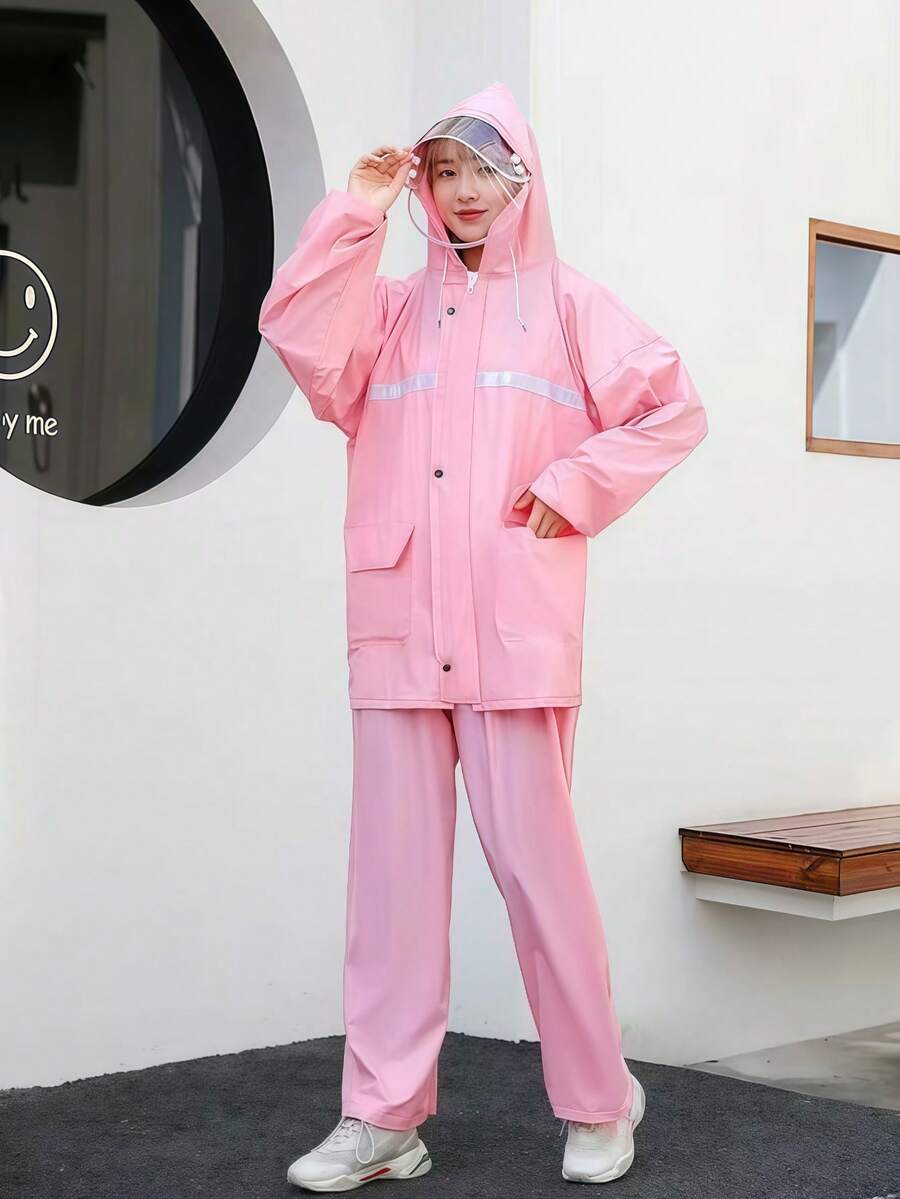 2pcs Women Outdoor Casual Cycling Raincoat + Pants Set, Waterproof Zipper Full Body Motorcycle Rain Gear With Double Visor & Pockets