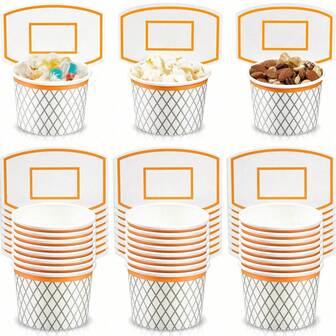 12个篮球圈零食杯 - 篮球主题一次性纸质零食杯，非常适合篮球派对装饰、生日礼物、盛放零食和小食品。方便的一次性杯子为篮球主题派对增添了活跃的运动氛围。