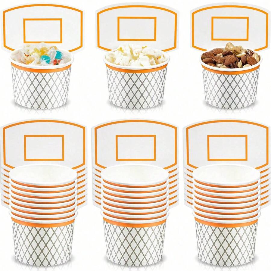 12 pahare de hârtie pentru gustări cu tematică de baschet - Pahare de hârtie de unică folosință în tematică de baschet, perfecte pentru decorațiuni de petrecere cu tematică de baschet, cadouri de ziua de naștere, pentru gustări și alimente mici. Pahare convenabile de unică folosință adaugă o atmosferă sportivă plină de viață petrecerilor cu tematică de baschet. - Multicolor - Vizualizare 1