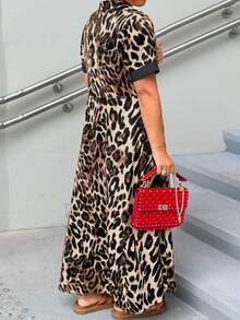 Plus Size Women Leopard Print Contrast Color Short Sleeve Maxi Dress, V-Neck, Spring And Summer