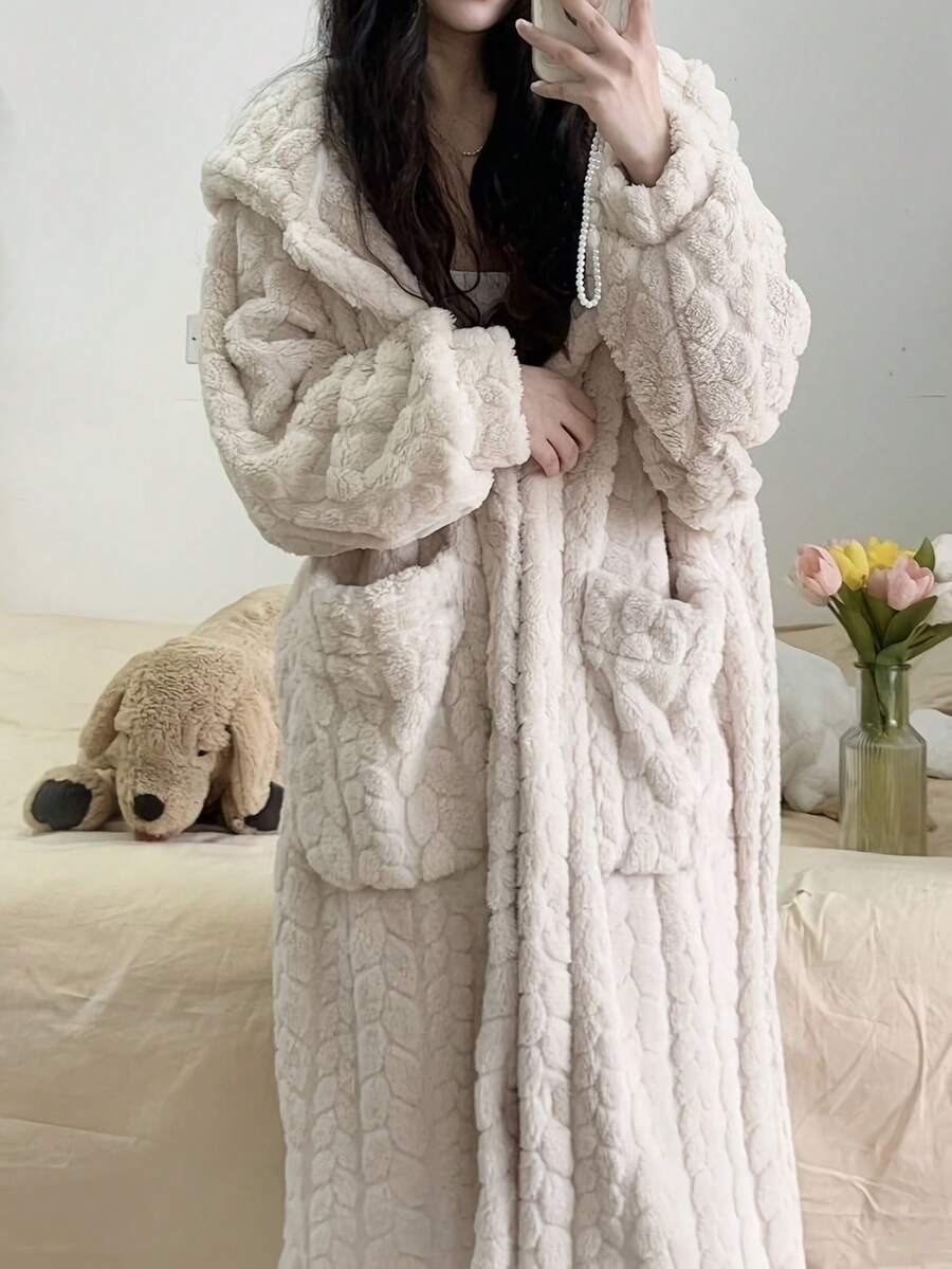 3件組女款純色羊毛提花休閒晨袍，秋冬保暖連帽寬鬆長袖法蘭絨浴袍，附口袋，舒適法蘭絨面料睡袍，聖誕必備，保暖防寒，適合居家裝飾、冬季保暖、聖誕禮物、生日禮物、室內裝飾 - 彩色 - 查看 1