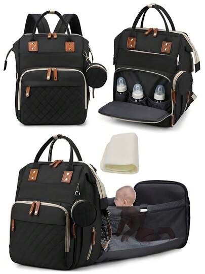 1pc Multi-Function Baby Stroller Bag, Large Capacity Foldable Diaper Bag, Backpack Or Handheld, Oxford Cloth Material, Durable, With Wet/Dry Separation Compartment & Sandwich Zipper Pocket