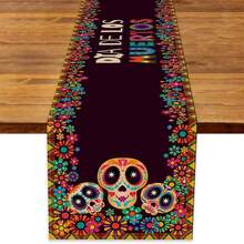 Chemin de table en lin pour le Jour des Morts mexicain, chemin de table avec crâne de sucre pour le Jour des Morts au Mexique, pour la décoration de table à la maison et les fêtes