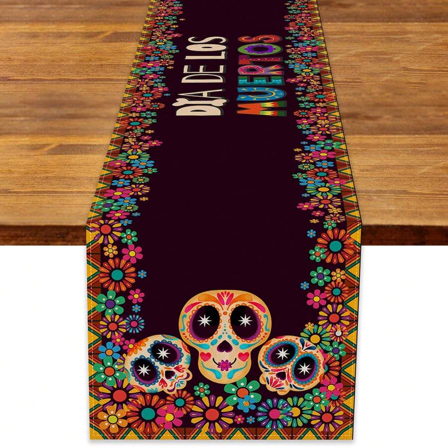 Chemin de table en lin pour le Jour des Morts mexicain, chemin de table avec crâne de sucre pour le Jour des Morts au Mexique, pour la décoration de table à la maison et les fêtes