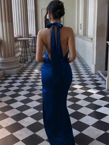 Basrey 新款皇家蓝优雅女士纯色系带腰褶皱露背鸡尾酒礼服，美人鱼长裙，适合婚礼、派对、约会和其他场合 - 寶藍色 - 查看 3