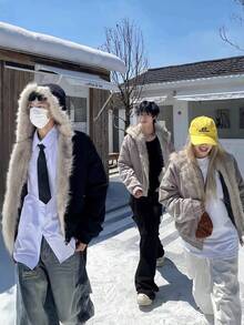 Design Sense! Super Warm! Cotton Collar And Cotton Jacket For Men, Thickened And Warm 2025 New Style Hooded Wide Loose Fur Jacket For Men - 黑色 - 查看 3