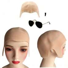 A Complete COSplay Bald Scalp Set, Including Fake Bald Head, Realistic Scalp Wig, And Costume Accessories For Makeup Parties And Performances. Perfect For Cosplay Props, This Set Includes Bald Scalp, Beard, Glasses, Hair Nets, And Other Accessories. Ideal For Christmas, Other Festivals, And Daily Costume Needs.