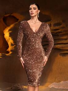 Formalna, dopasowana suknia wieczorowa z dekoltem w serek i odkrytymi plecami, z długim rękawem – elegancka sukienka na imprezy na czerwonym dywanie, eleganckie gale, formalne stroje dla gości weselnych, bale charytatywne, kolacje z wręczeniem nagród