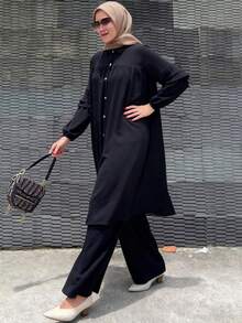 女士优雅休闲纯色纽扣设计长款外套，灯笼袖搭配阔腿裤套装，时尚休闲优雅可爱阿拉伯风格长款连衣裙两件套，适合春、夏、秋、冬三季穿着。 - 黑色 - 查看 6