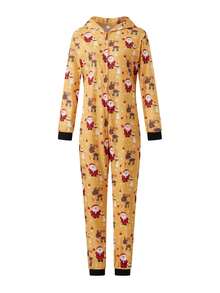 Family Matching Christmas Jumpsuits Pajamas Letter/Santa/Tree/Print Hooded Long Sleeve Playsuits Autumn Zipper Long Rompers - Yellow Mom - View 6