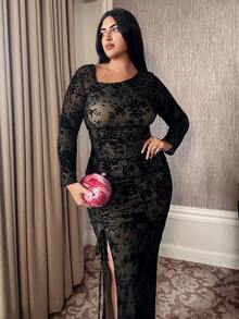 Doriss Plus-Size Style Floral Print Satin Split Hem Side Drawstring Prom Dress, Elegant Dress, Wedding Season, Essential, Black Dress, Suitable For Dinner, Old Money, Autumn & Winter, Homecoming, Halloween, Date Night Outfits Women