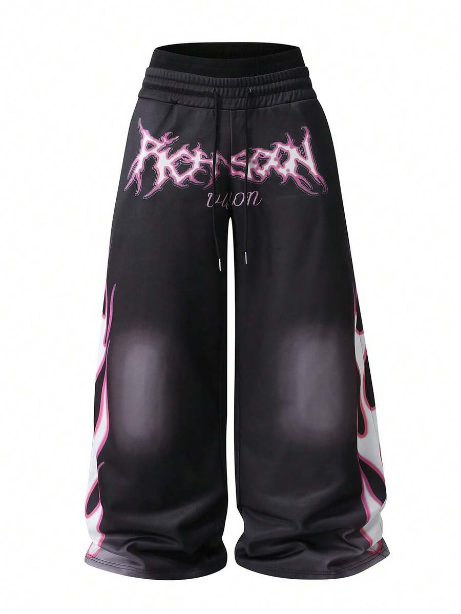 男士字母印花抽绳腰部宽松阔腿运动裤 - 彩色 - 查看 1