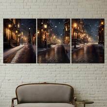 3 pièces Scène de rue enneigée moderne Toiles murales, Impression haute définition avec cadre en option, Convient pour les salons, chambres à coucher, salles de bain, bureaux, cafés, salles de sport, décorations de fête de famille, peintures murales de décoration de la maison, peintures murales de décoration de Noël, cadeaux idéaux pour les amis