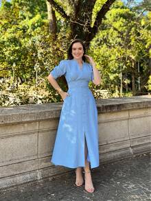 MARRANT PLAIN MIDI DRESS Simple Button Contrasted Waist WOMEN'S SUMMER FASHION - Baby Blue - View 6