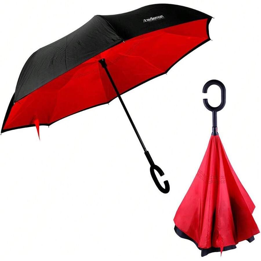 Paraguas de doble refuerzo de moda, paraguas a prueba de viento y lluvias torrenciales, paraguas grandes en sentido inverso, sin escorrentía, fácil de llevar - azul - Ver 1