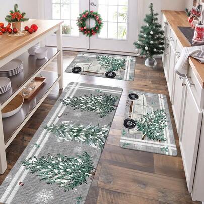 1/2/3 Parça Kalınlığında 0,47 İnç/1,2 Cm Noel Mutfak Paspası Seti - Sedir Ağacı ve Kamyon Desenli, Kaymaz Hafızalı Köpük Taban, Mutfak, Ev Ofisi, Çamaşır Odası, Banyo Dekorasyonu İçin İdeal