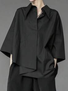 女士不对称休闲衬衫，黑色，春夏款