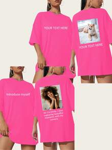 Customized Photo T-Shirt - Add Your Favorite Photos And Text (Girlfriend Photo/Couple Photo/Family Photo/Selfie/Pet Photo/Friend Photo) To Design Your Own Personalized Printed T-Shirt - Hot Pink - View 2