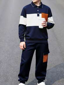 2 件套男童复古拼色长袖 Polo 衫和休闲舒适长裤套装，户外时尚服装