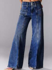 大码女式弹力牛仔面料开衩牛仔裤，休闲百搭双扣修身口袋水洗宽松阔腿喇叭牛仔裤，2025新款畅销百搭四季牛仔裤春季款 - 深色水洗藍 - 查看 1