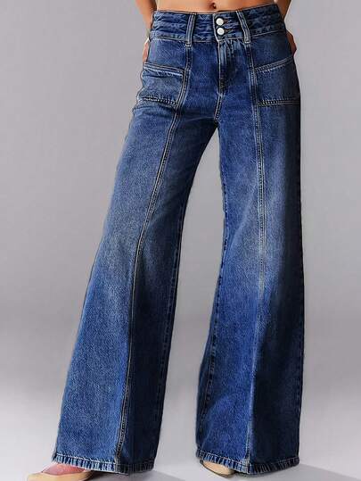 大码女式弹力牛仔面料设计开叉牛仔裤，休闲百搭双扣修身口袋水洗宽松阔腿喇叭牛仔裤，2025 年新款畅销百搭四季牛仔裤