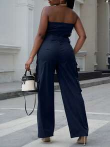 Sweet And Cool Fashion Women's Y2K Style Workwear Jumpsuit, Denim Jumpsuit, Denim Workwear, Mid Waist Non Elastic, Waist Cinching And Hip Lifting, Loose And Slimming, Suitable For All Seasons, Paired With Multi Pocket Design,  And Cool, Suitable For Back To School Season, Hot Girls, Work, Outdoor Work, Outdoor Activities, Travel, Streets, Nightclubs, Parties, Fashion Shows - 藏蓝色 - 查看 4