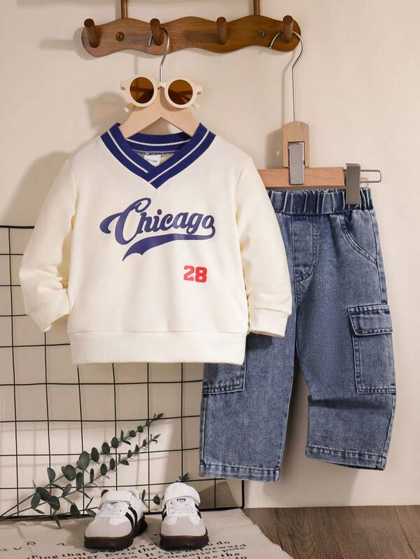 2pcs Baby Boy Casual Sports College Style Street Letter Print V-Neck Long Sleeve Sweatshirt And Blue Denim Cargo Pants Set, Autumn/Winter