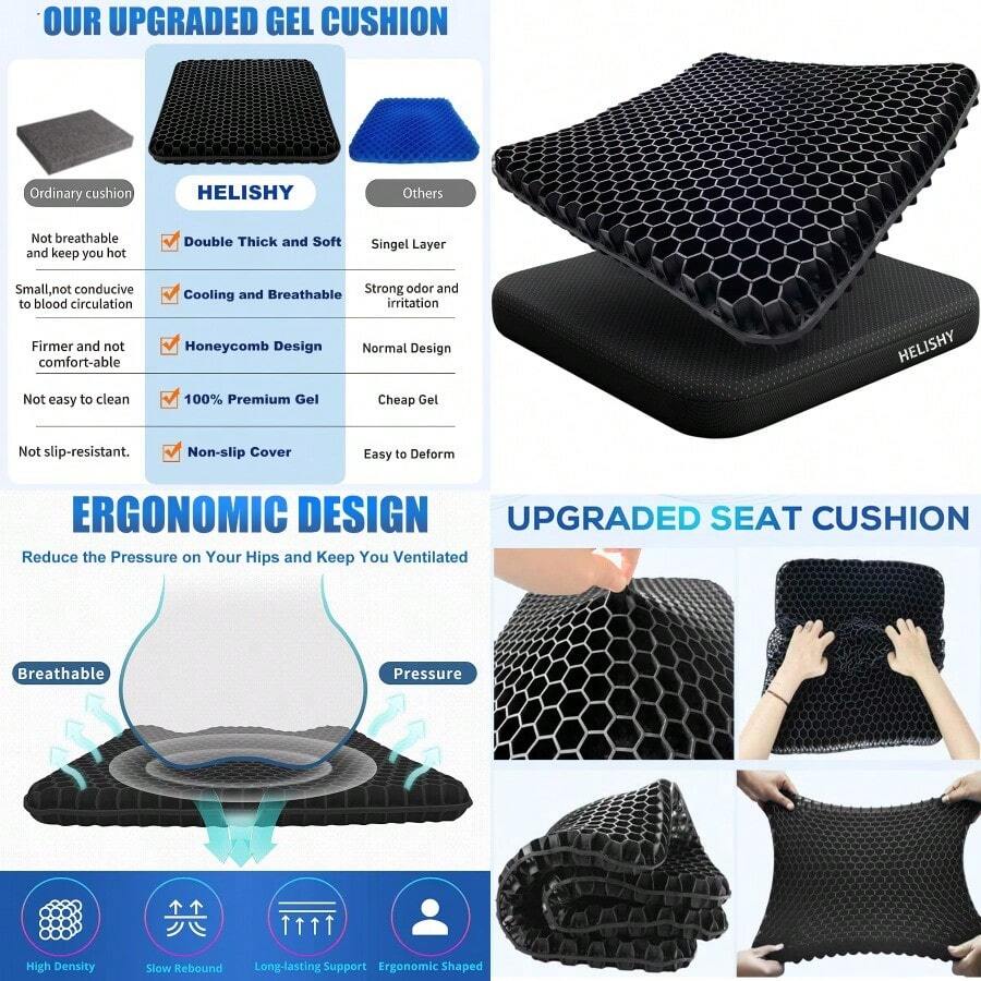 MX Gel Wheelchair Seat Cushion For Long Sitting Cooling Office Chair Cushion For Sciatica Back Pressure Sore Tailbone Pain Relief Soft And Breathable Butt Pillow With NonSlip Cover For Wheelchair - 黑色 - 查看 1