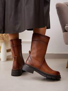 Modische, lässige, retro Ankle Boots mit Plateauabsatz - Kamelfarben - Übersicht 5