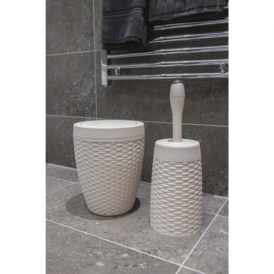 Imitation Rattan Dual-Use Bathroom Round Rotating Trash Can And Injection Molded Toilet Brush Set - Calico Linen - View 1